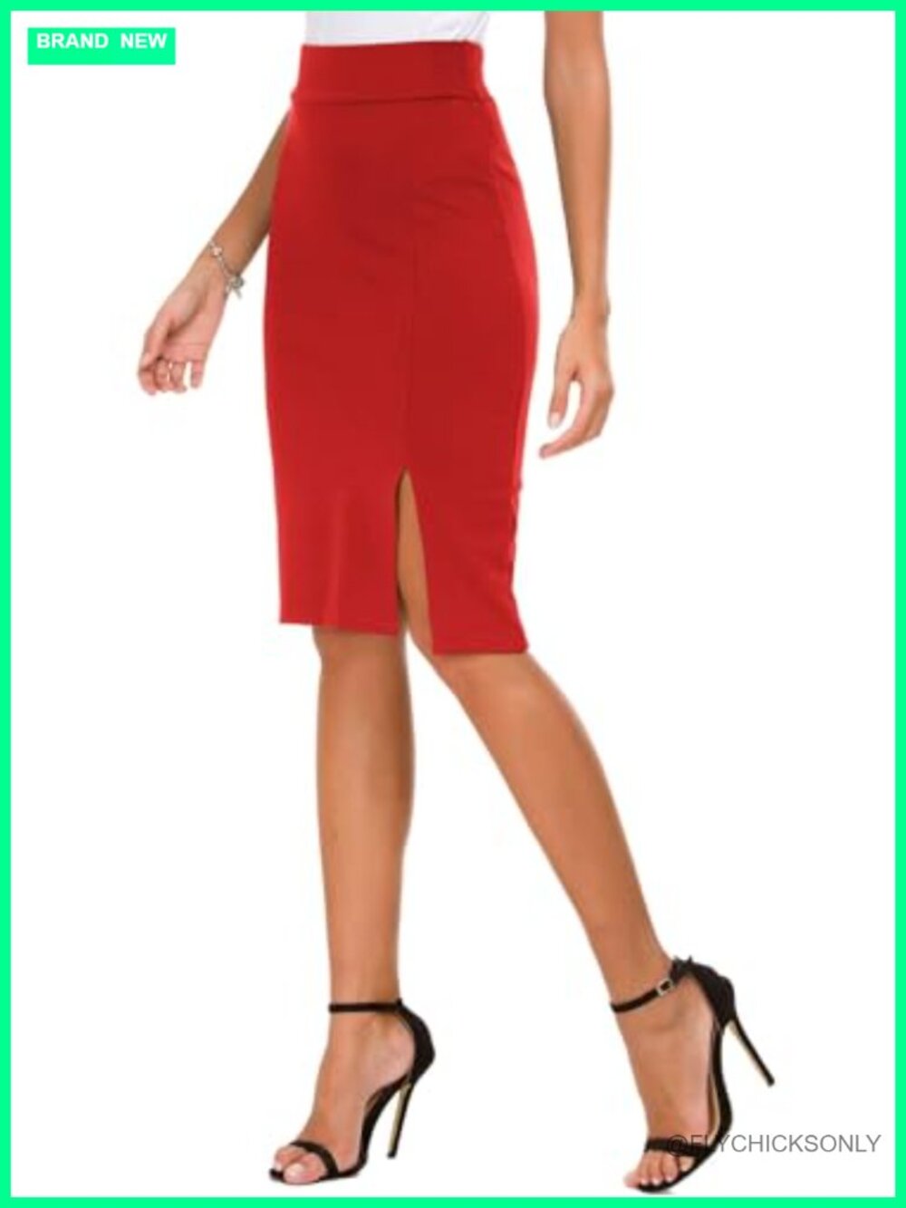High Waisted Bodycon Pencil Skirt Stretch Knee Length Midi with Side Slit